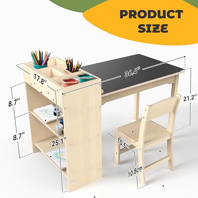 Kids Art Table and Chair Set, Sturdy Beech Wood Study Desk - Image 2