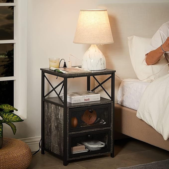 VECELO Oak Gray End Table with USB Ports and Outlets, 24 Inch Nightstands with - Image 6