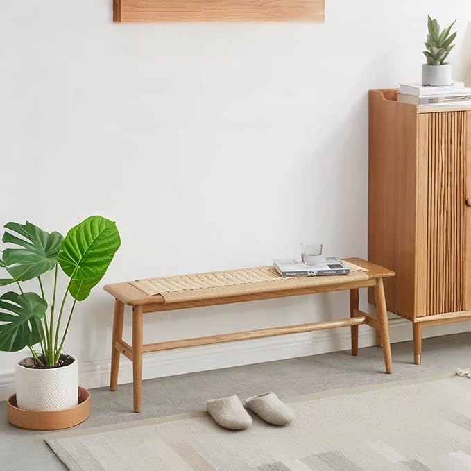 Solid Wood Entryway Bench, Wooden Dining Bench Stool w/Hand-Woven Top, End of - Image 3