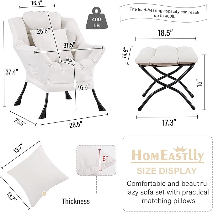 Lazy Chair with Ottoman, Modern Large Accent Lounge Chair with a Pillow - Image 3