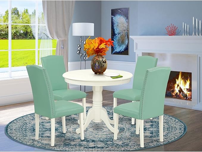 East West Furniture ANEN5-LWH-57 5 Piece Dining Room Table Set Includes a Round - Image 6