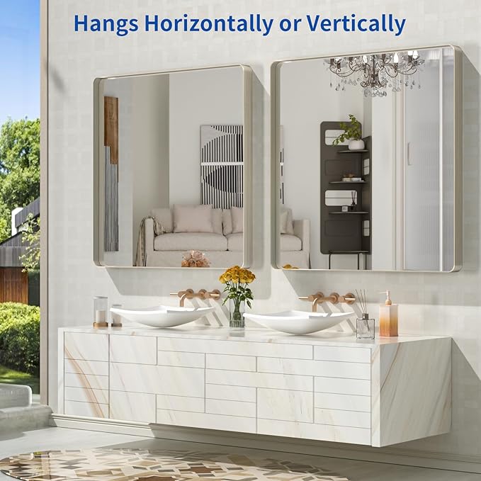 WEER 36X36 Inch Brushed Nickel Bathroom Mirror, Brushed Silver Metal Frame - Image 5