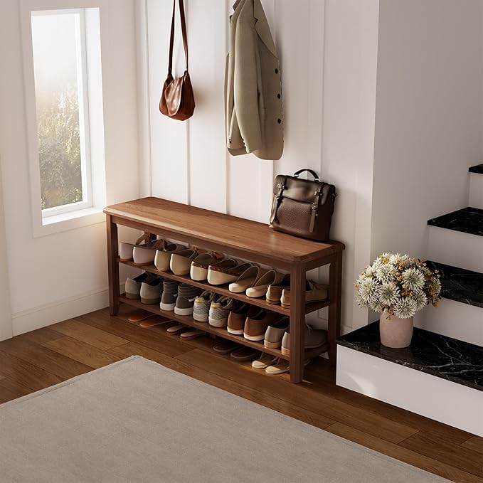 Wood Shoe Rack Bench for Entryway, 2 Tier Shoe Rack for Front Door Entrance - Image 6