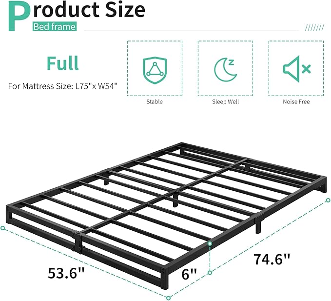 6 Inch Full Size Bed Frame No Box Spring Needed, Heavy Duty Metal Platform Beds - Image 2