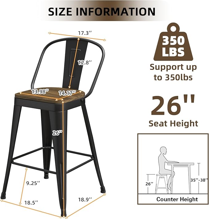 Metal Bar Stools Set of 4, High Back Bar Stools - Image 3