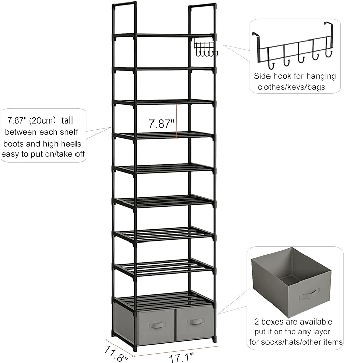 Tall Shoe Rack Narrow 10 Tier Shoes Rack 20 25 Pairs, Shoe Storage Organizer - Image 3