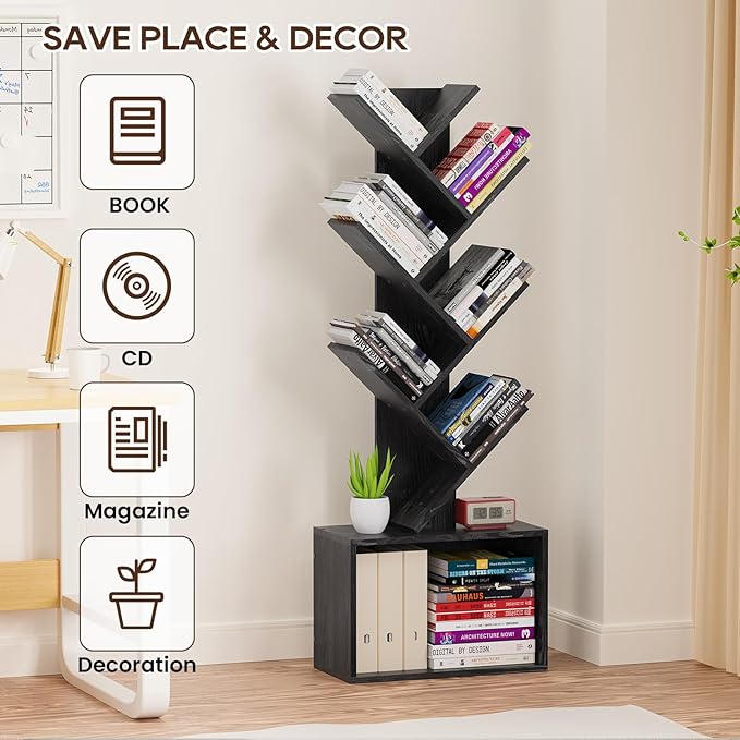 6 Tier Tree Bookshelf, Sturdy Retro Floor Standing Wood Bookcase, Storage Rack - Image 4