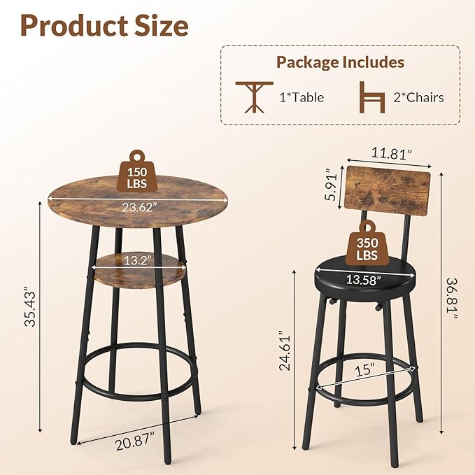 3 Pieces Round Bar Table Set, Small Dining Table - Image 2