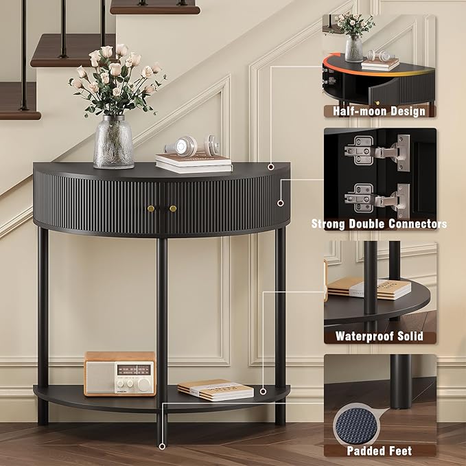 Fluted Half Moon Console Table 2 Tier Narrow Entryway Table - Image 5