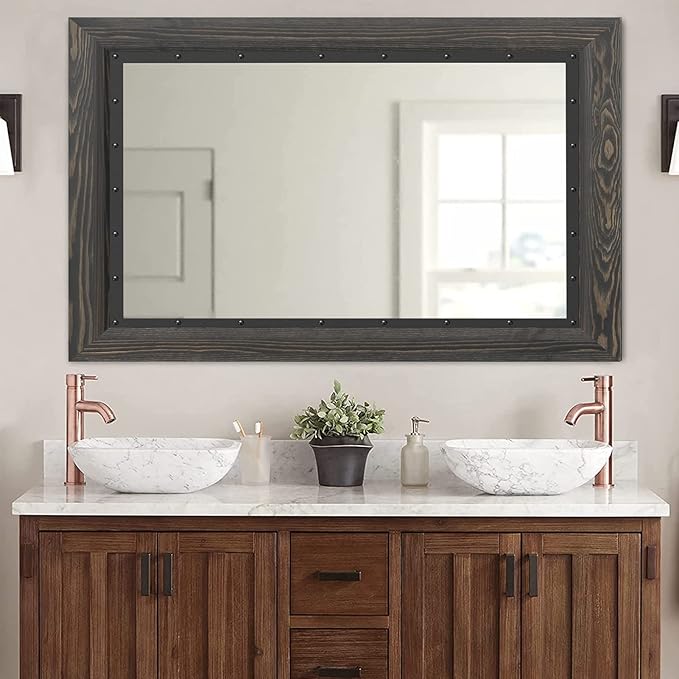YOSHOOT Rustic Wooden Framed Wall Mirror, Natural Wood and Iron Bathroom Vanity - Image 4