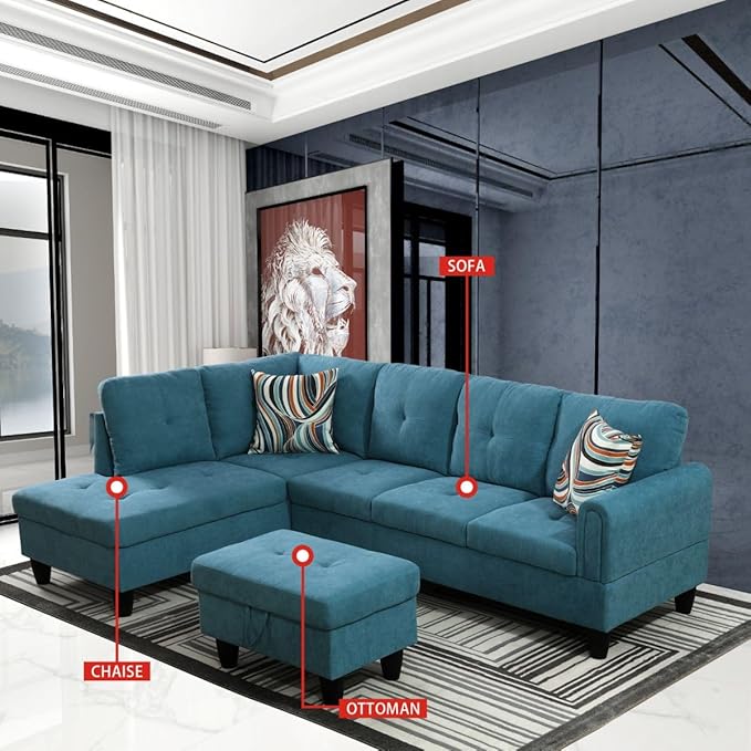 Green L-Shaped 3-Piece Flannel Sofa - Image 2