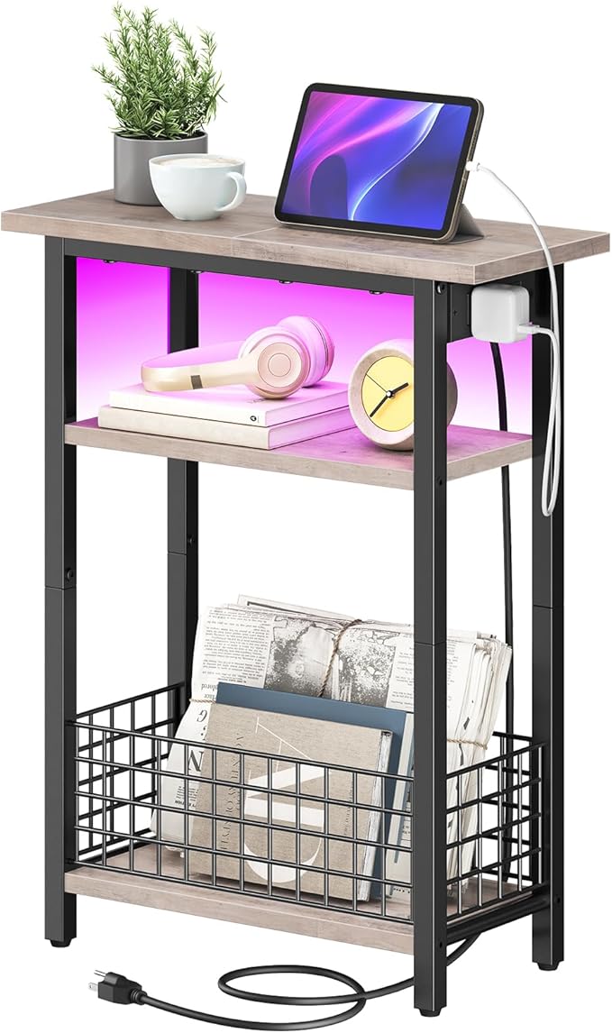 HOOBRO Narrow Side Table with Charging Station and LED Light, Small End Table by HOOBRO
