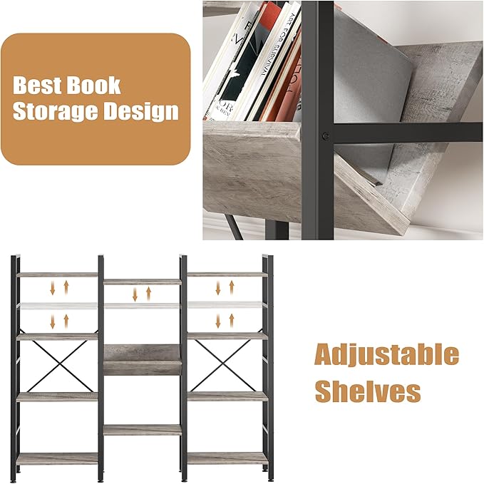 Shintenchi Industrial Bookcase, 71.6” Triple 4 Tier Bookshelf - Image 7