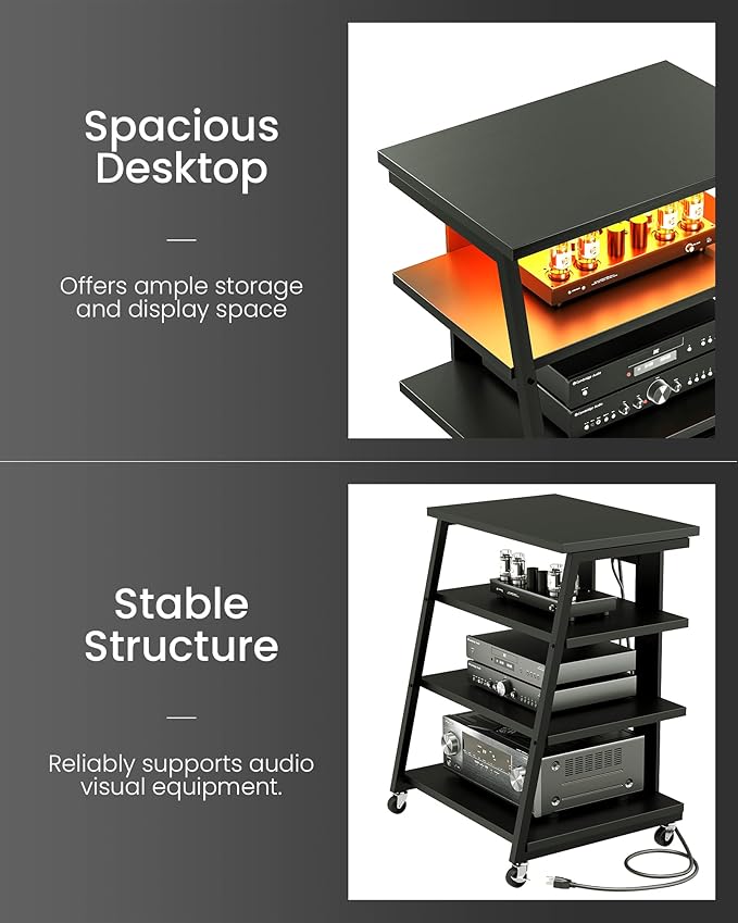 4-Tier AV Media Stand with Wheels, Stereo Stands, Media Console Shelf with - Image 7