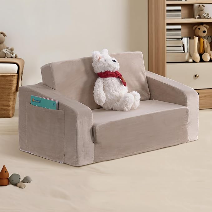 Kids Couch, Extra Wide 2-in-1 Toddler Sofa Convertible Fold Out to Lounger Bed - Image 2