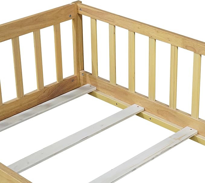 Twin Floor Bed Frame with Slats and Safety Guardrail, Wood Twin Size Montessori - Image 9