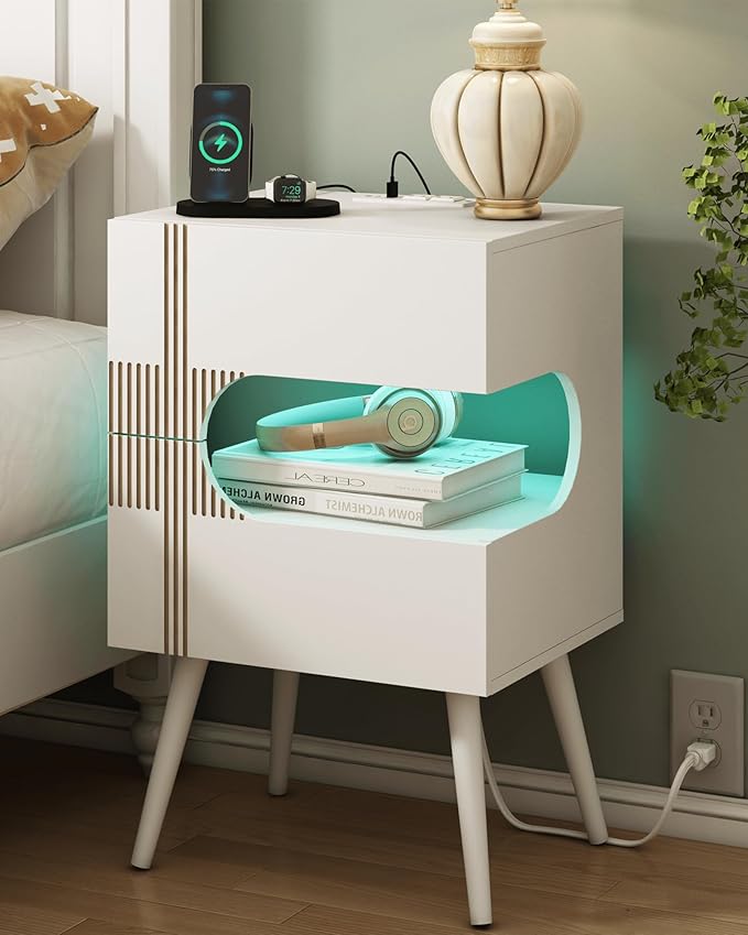 White Nightstand with Charging Station and LED Lights, Modern Bedside Table by JOONEE