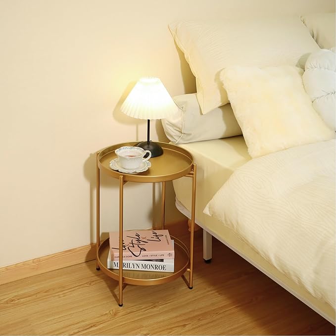 2-Tier Round End Side Table, Small Metal Side Table - Image 6