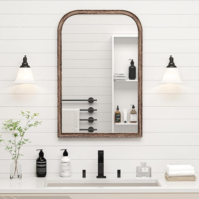 20"x30" Solid Wood Bathroom Mirror Arch Tempered Glass - Image 2