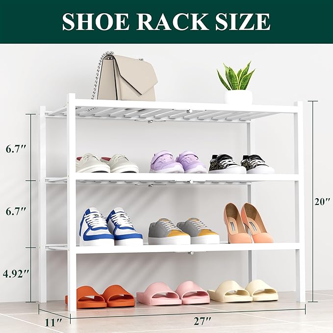 Smiry Shoe Rack, 3 Tier Thick Bamboo Shoe Organizer, Stackable Free Standing - Image 2