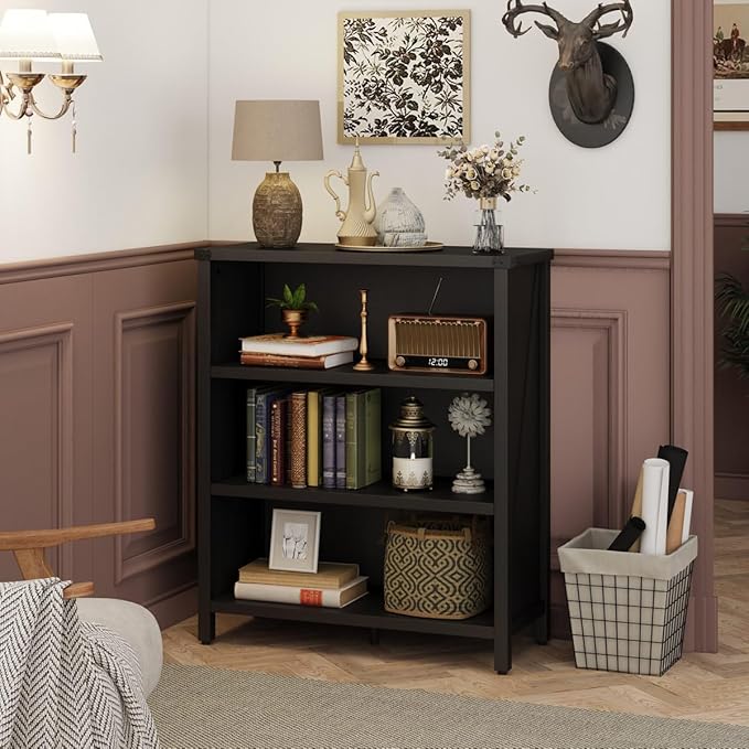 BON AUGURE Small Bookshelf, 3 Tier Black Book Shelf, Farmhouse Storage Bookcase - Image 8