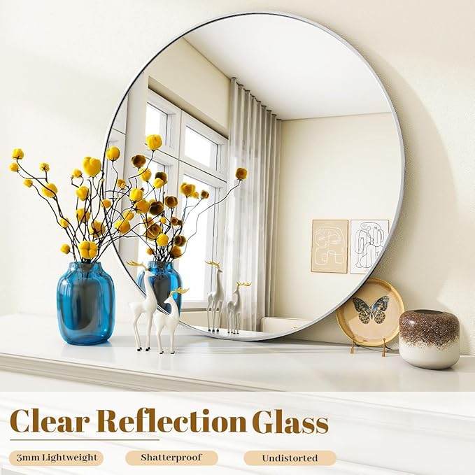 Silver Round Bathroom Mirror, 24 inch Circle Wall Mounted Hanging Mirror - Image 2
