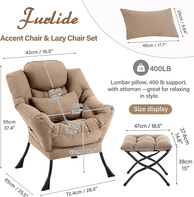 Lazy Chair with Ottoman, Modern Lounge Armchair with Lumbar Pillow, Accent Cozy - Image 2