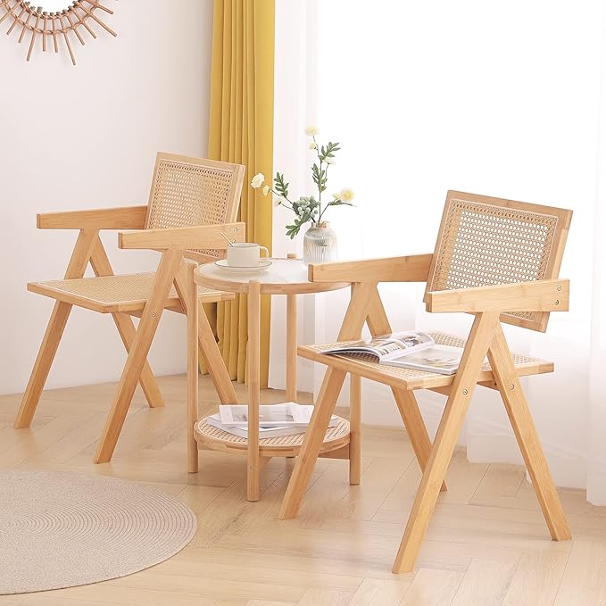 Rattan Dining Chairs Set of 4, Modern Mid Century Accent Chairs, Comfy Armchairs - Image 2