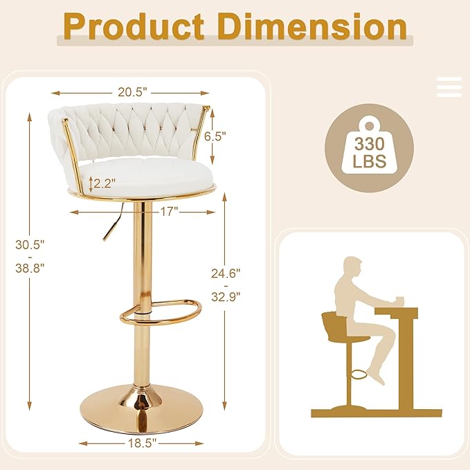 VECELO Bar Stools Set of 2, Adjustable Barstools Counter Height Stools - Image 3