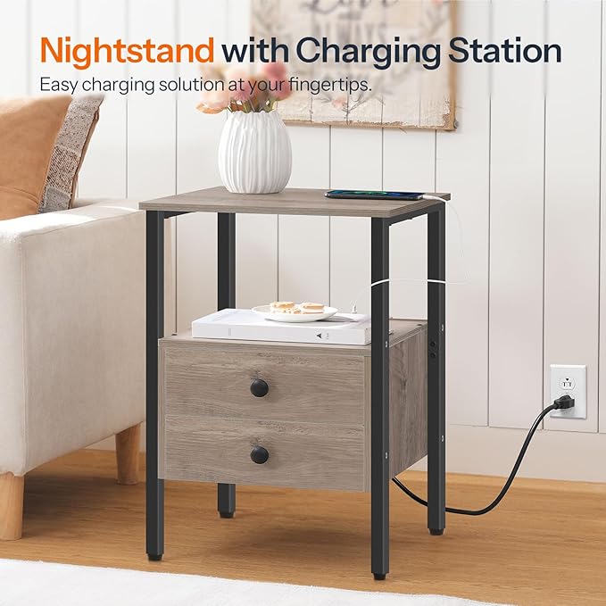 HOOBRO End Table with Charging Station, Nightstand with 2 Drawer & USB Ports & - Image 5