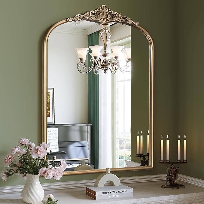 Arched Antique Gold Mirror, Ornate Arched Brass Wall Mirror by Wiserset