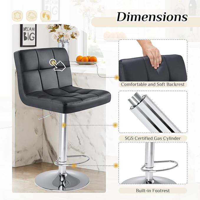 DUMOS Bar Stools Set of 2, Armless Adjustable Swivel Barstools, PU Leather - Image 4