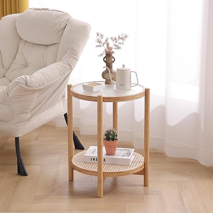 Tiita Rattan Nightstand Side Table, Bamboo Accent Bedside Tables, Glass Coffee - Image 6
