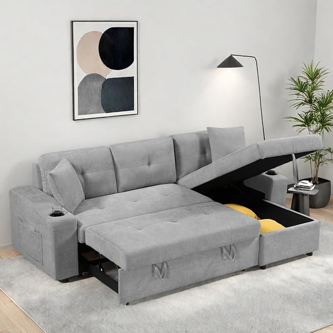 L Shape Pull Out Sofa Bed with Cup Holder, Convertible Sectional Couch with - Image 6