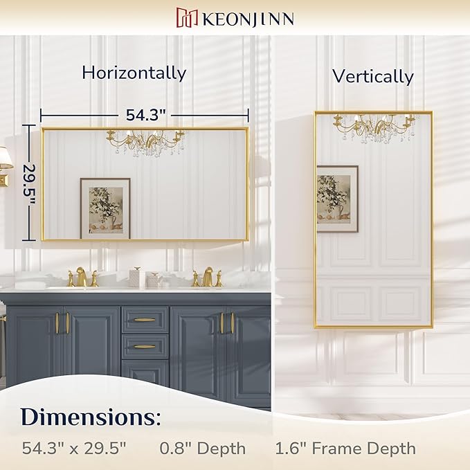 Keonjinn Gold Bathroom Vanity Mirror 55" x 30" Rectangle Large Wall Mirror - Image 7