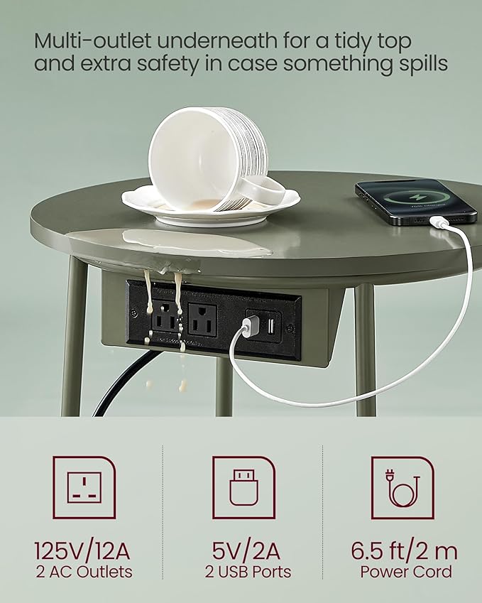 VASAGLE Side Table with Charging Station, Round End Table with Fabric Basket - Image 6