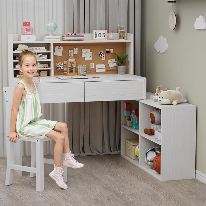White Wooden Kids Desk and Chair Set, Kids Study Desk - Image 3