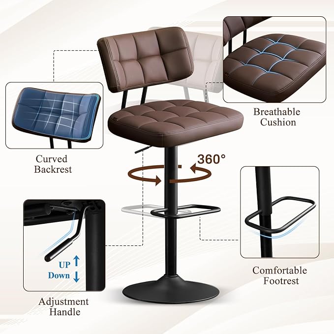 Furniliving Modern Bar Stools Set of 2 Faux Leather, Upholstered Swivel - Image 4