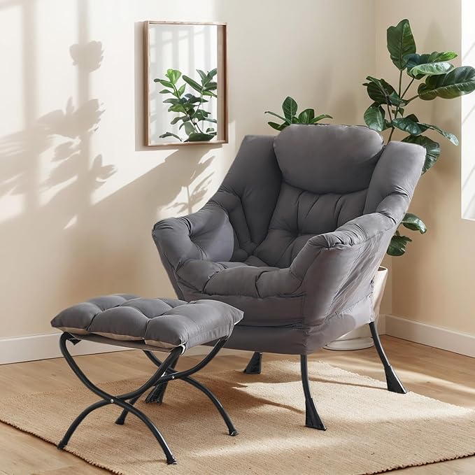 Lazy Chair with Ottoman, Reading Armchair with Armrests and Footrest, Large by HomeEastllyHome