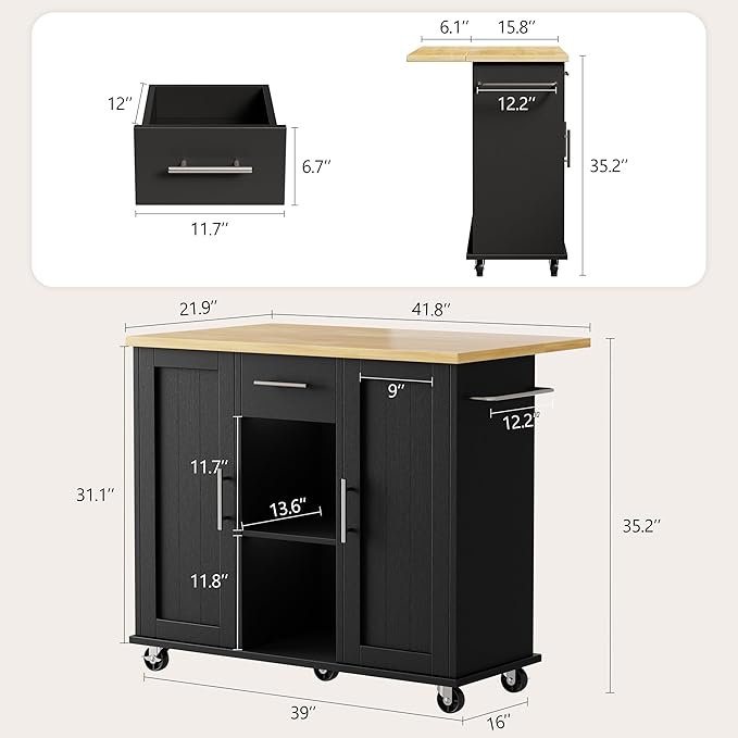 Shintenchi Kitchen Island with Storage, Bar Cart Cabinet Island Table on Wheels - Image 3