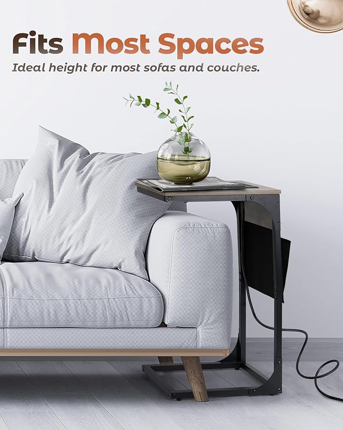 C Shaped End Table with Charging Station, Couch Side Table with Storage Pocket - Image 5