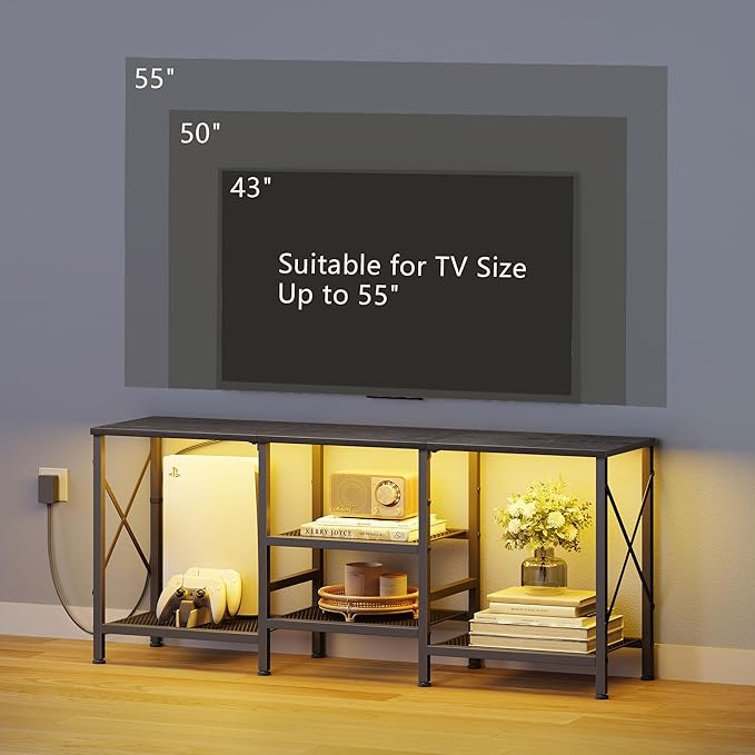 TV Stand with LED Lights for 55 Inch TV, Entertainment Center with 3-Tier Open - Image 7