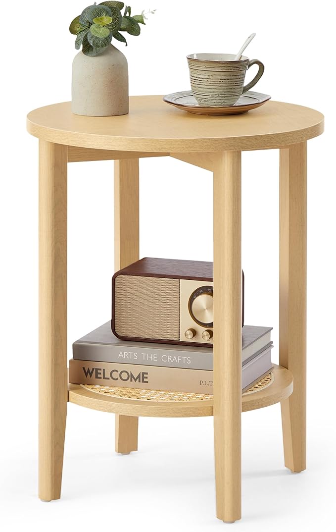 VASAGLE Round Side End Table, 2-Tier Boho Bedside Table by VASAGLEbySONGMICSHOME