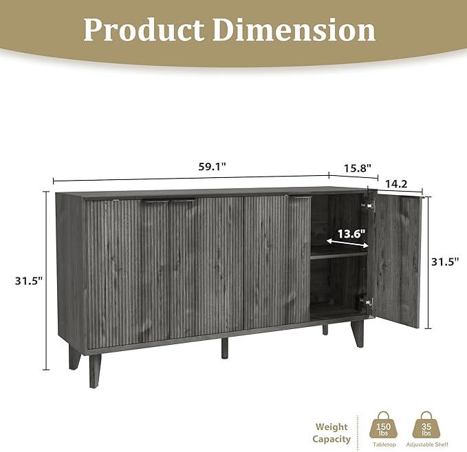Fluted Cabinet with Storage, Buffet Storage with 4 Doors, Buffet Sideborad - Image 2