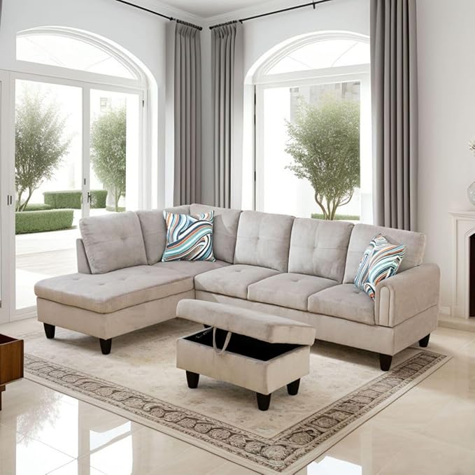 Grey White L-Shaped 3-Piece Corduroy Sofa by Unknown
