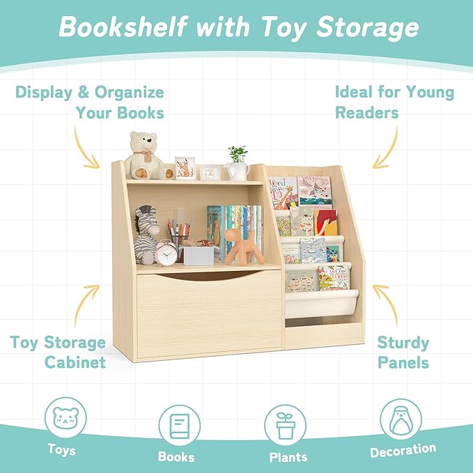 TOETOL 2 Tier Kids Bookshelf and Book Storage，4 Sling Toddler Bookshelf - Image 5