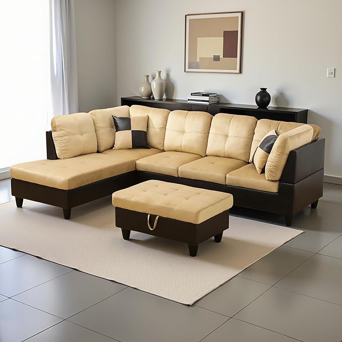 L Shaped Couch Modern Sectional Couch Upholstered Lint Fabric 3 Pieces Sofas - Image 4