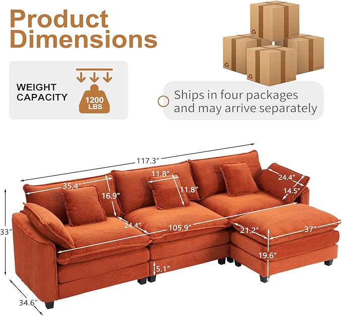 Furniliving 117‘’ L-Shaped Sofa, Luxury Corduroy Modular Sectional Couches - Image 2