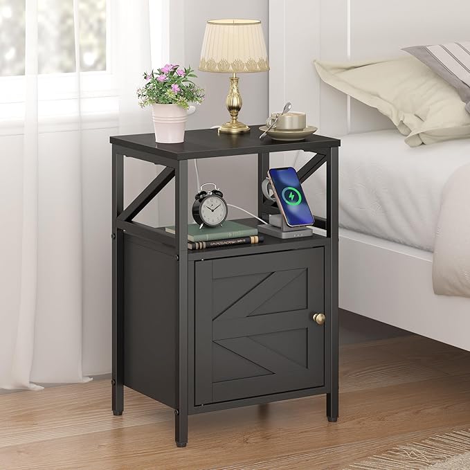 Farmhouse Side Table with Charging Station -3-Tier USB Ports & Outlets End Table by FUNHUKSON