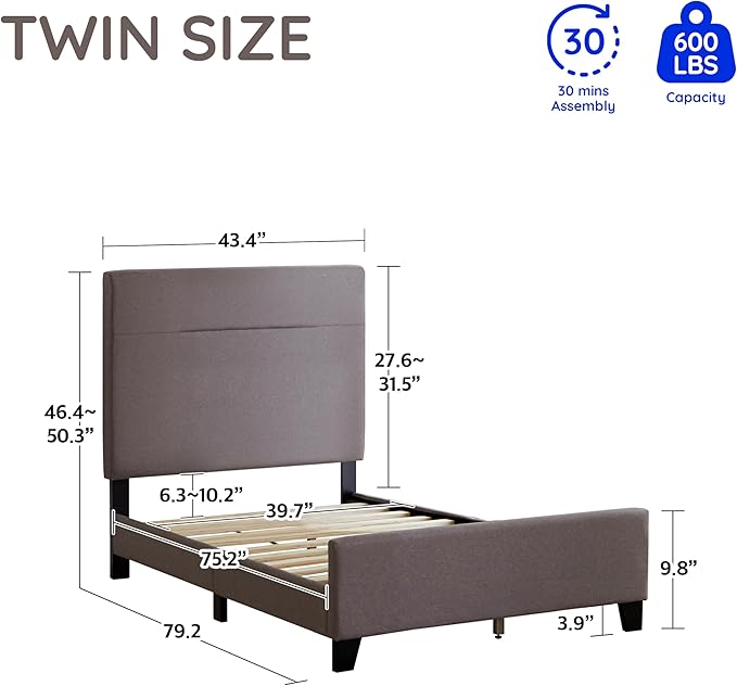 Livinia Amelia Twin Size Platform Bed, Fabric Upholstered Twin Bed Frame - Image 2